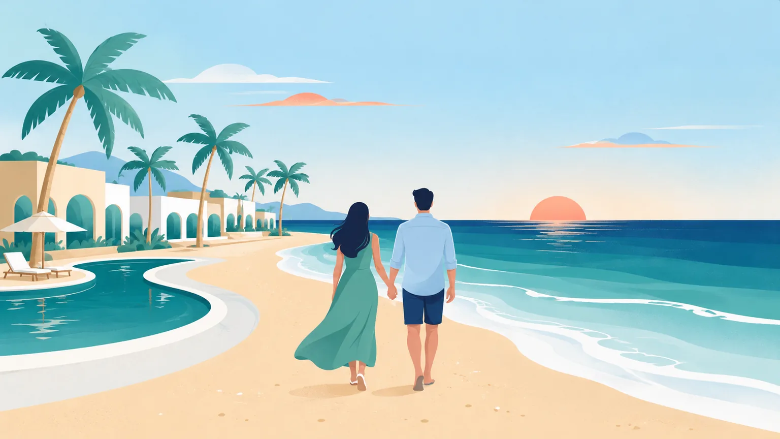A couple walking hand in hand along the beach away from a resort, toward the ocean and the setting sun